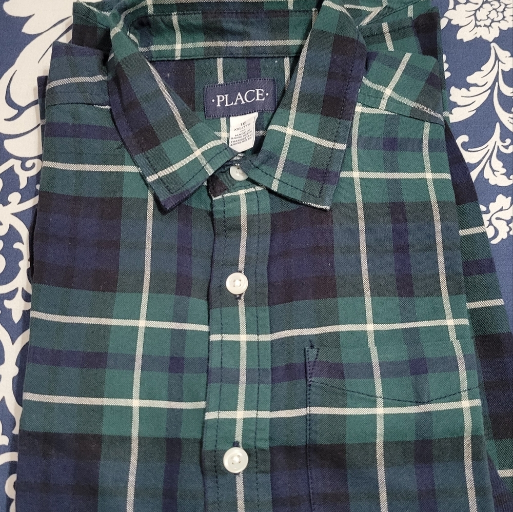Place Kids Plaid Button-Down Shirt in Green and Navy